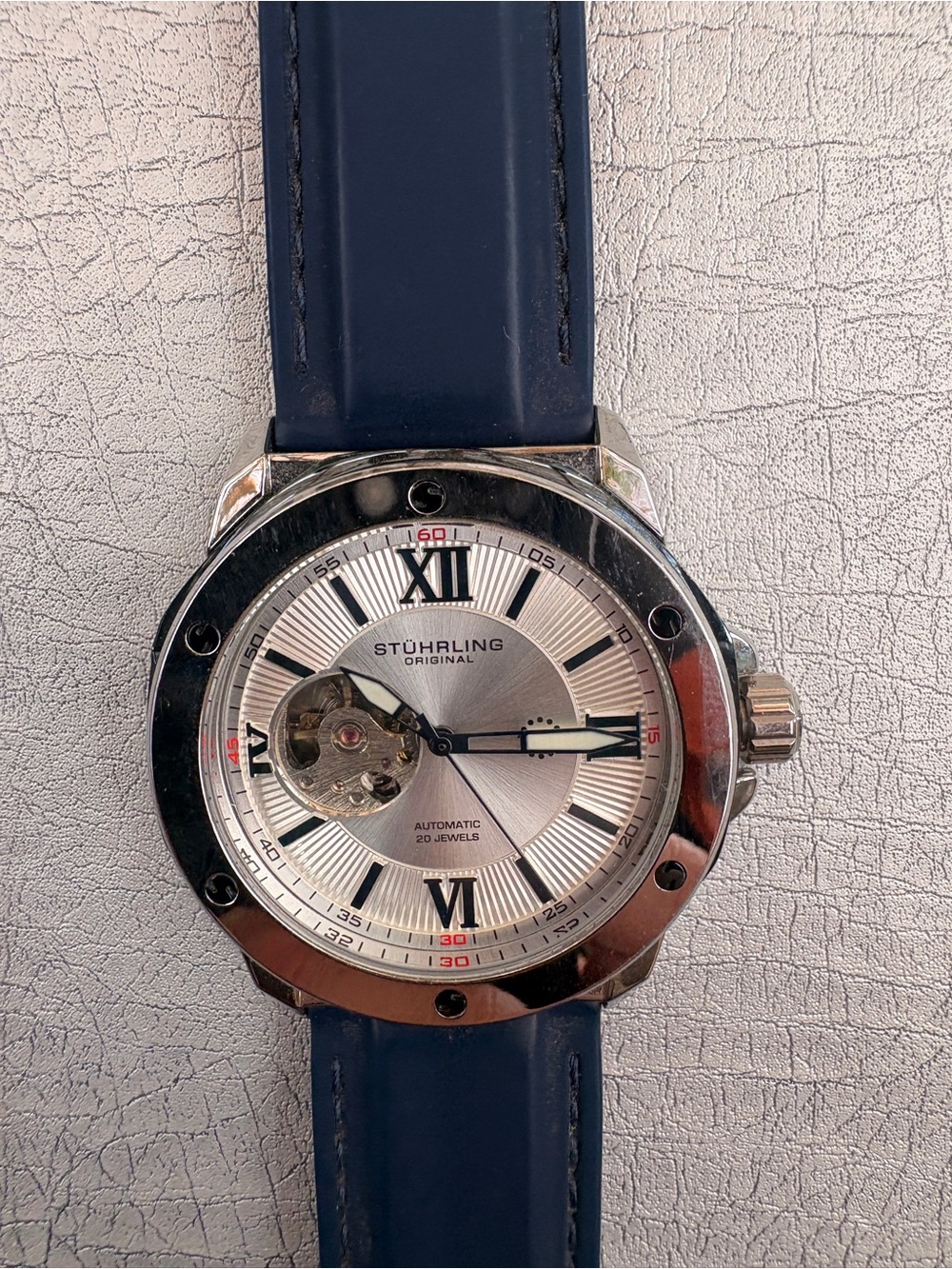 Stuhrling Original Silver Dial Men's Automatic Watch with Blue Strap